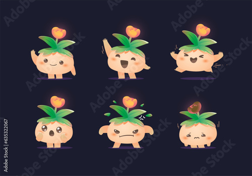 set of little green leaf mascot character collection	
