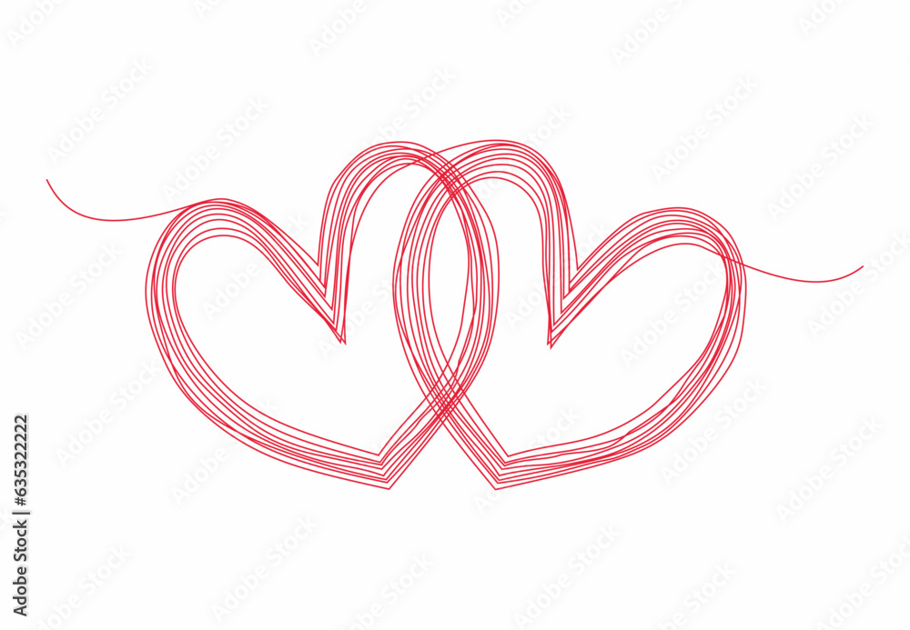 Two linked red heart, continuous one line drawing. Two  heart connected. Hand drawn, simple and minimalist illustration of love.