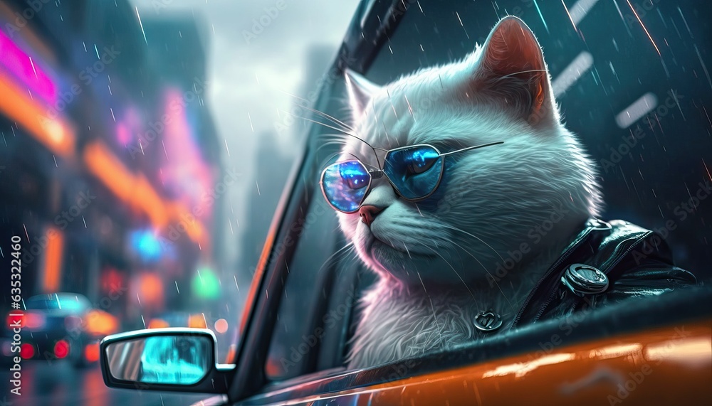 a cat in glasses looks out of the car window at the neon night city lights. 
