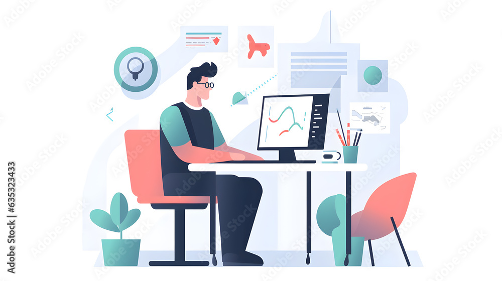 Man working from home. Businessman sitting at desk and using laptop, Flat illustration, Generative artificial intelligence tools Man working from home. Businessman sitting at desk and using laptop, Flat illustration, Generative artificial intelligence tools