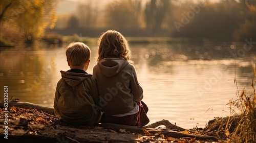 Photographie Autumn Serenity, Siblings Sitting by the River, Embracing Nature's Beauty