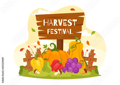 Happy Harvest Festival Vector Illustration of Autumn Season Background with Pumpkins, Maple Leaves, Fruits or Vegetables in Flat Cartoon Templates