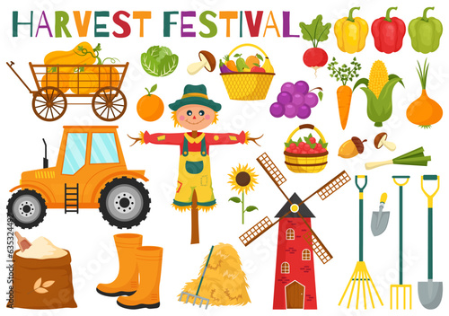 Happy Harvest Festival Vector Illustration of Autumn Season Background with Pumpkins, Maple Leaves, Fruits or Vegetables in Flat Cartoon Templates