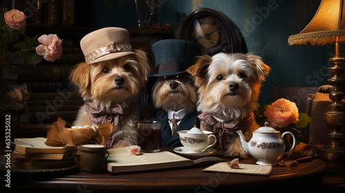 Cute dogs with cups of tea and cakes on table at home © NHDesign