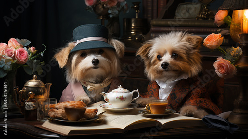 Cute dogs with cups of tea and cakes on table at home © NHDesign