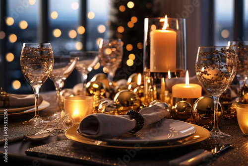 Elegant table setting with candles in restaurant. Selective focus. 