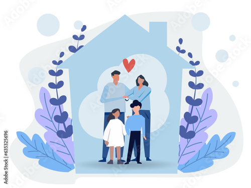 Happy family home insurance service illustration concept perfect for web design, banner, mobile app, landing page, flat design vector.