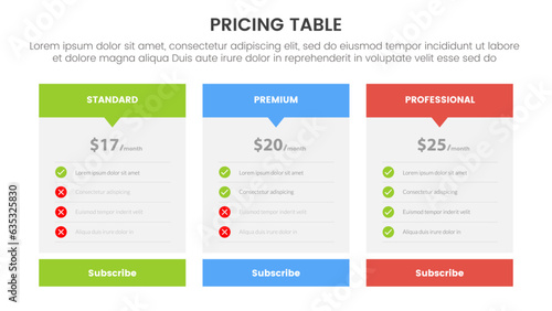 pricing table or price comparison infographic 3 point stage template with boxed shape and arrow header combination for slide presentation