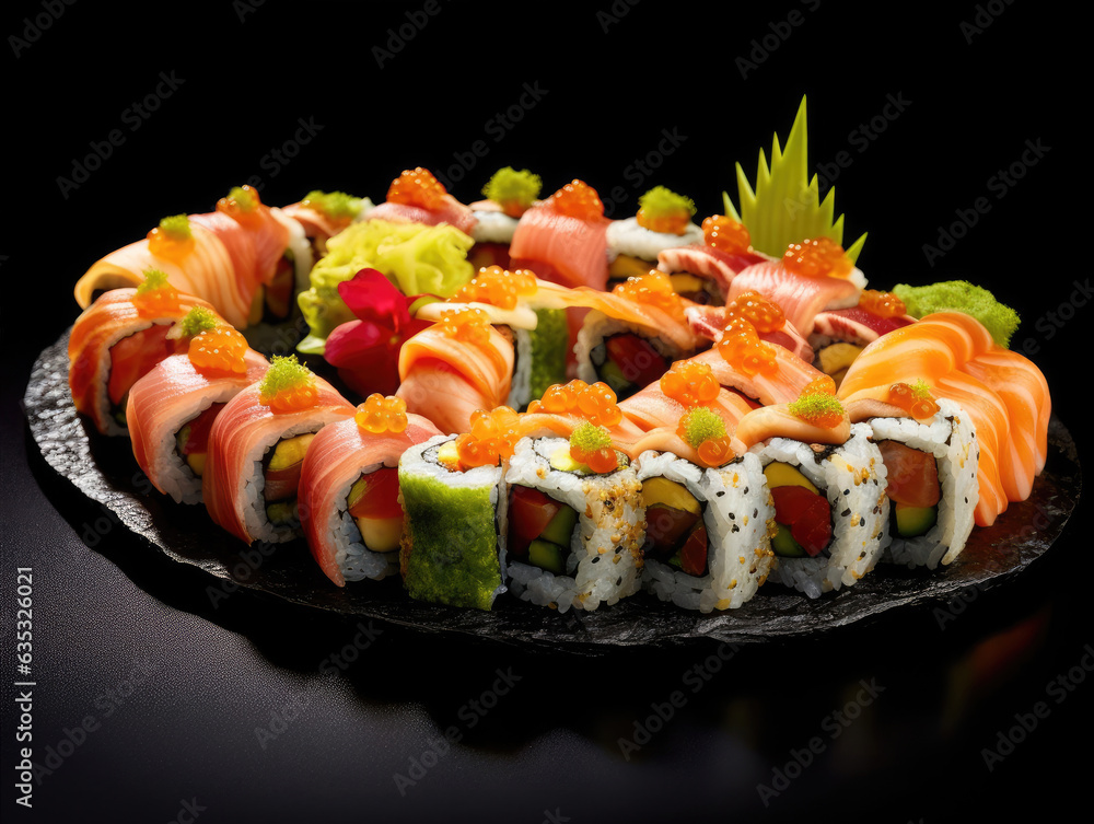 Exquisite Japanese sushi fusion, rolls, caviar on a black background Exquisite Japanese sushi fusion, rolls, caviar on a black background