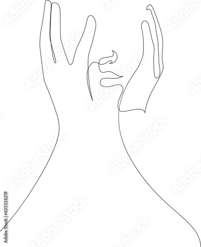 Continuous one line drawing of shocked young woman covering her face with hands. Vector illustration.