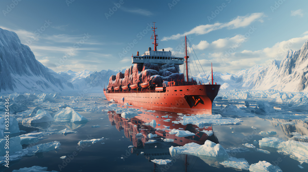 A large icebreaker ship sails across the sea to the ocean and breaks the ice in the winter in the north delivers cargo. AI generated - obrazy, fototapety, plakaty 