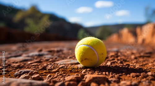 A tennis ball lies on a clay brown surface on the ground on a tennis court. AI generated © Aliaksandra