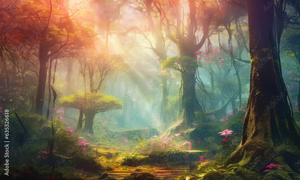 Dreamlike Forestscape, Surreal Trees, River, and Blooming Flowers. Nature's Dreamscape, Surreal Forest with Dancing Trees and Flowers