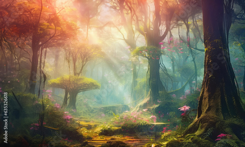 Dreamlike Forestscape  Surreal Trees  River  and Blooming Flowers. Nature s Dreamscape  Surreal Forest with Dancing Trees and Flowers
