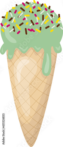 Matcha ice cream with colorful meses or flakes topping