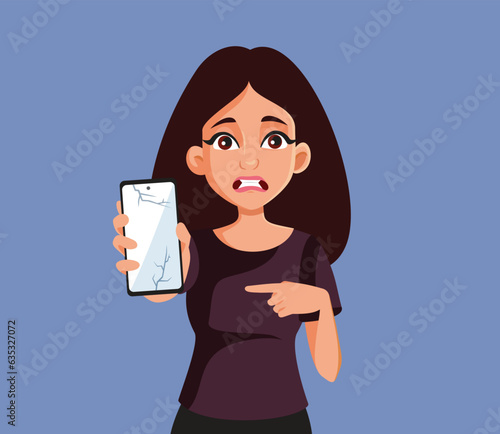 Woman Pointing to a Broken Cell Phone Display Vector Cartoon Illustration. Stressed girl breaking her smartphone in an incidental mistake
