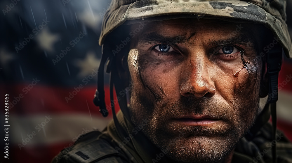 Patriot day. Dirty wounded soldier in uniform and helmet on background of American flag Patriot day. Dirty wounded soldier in uniform and helmet on background of American flag