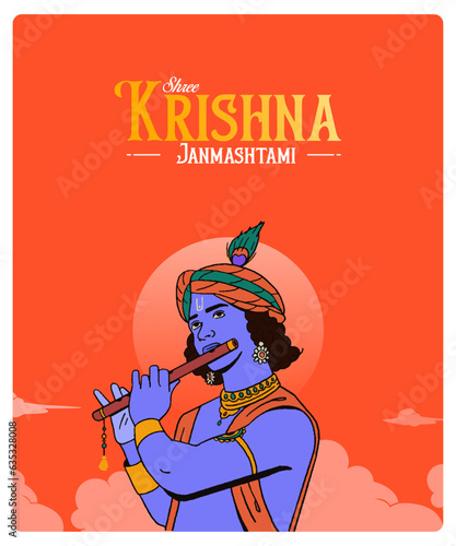 Janmashtami festival vector with Lord Krishna playing flute vector illustration background, banner, digital post, poster, and card design
