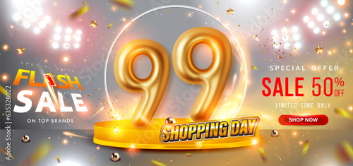9.9 shopping day Sale Banner Template.Big sale event on the stage of the spotlight LED and neon lightning. Shopping day nine-month online sale. Special Offer Sale 50% Off campaign or promotion. Vector