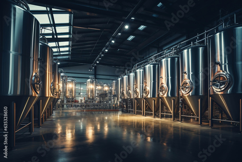Foto Fermentation mash vats or boiler tanks in a brewery factory