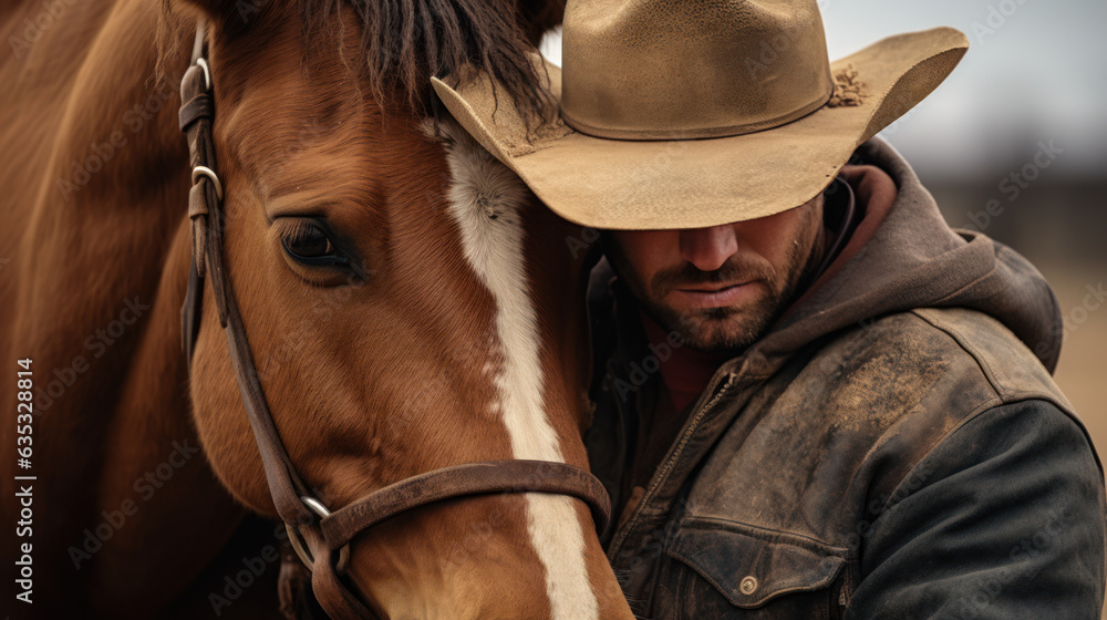 Cowboy enjoying with horse on farm Cowboy enjoying with horse on farm