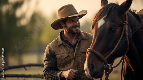 Cowboy enjoying with horse on farm