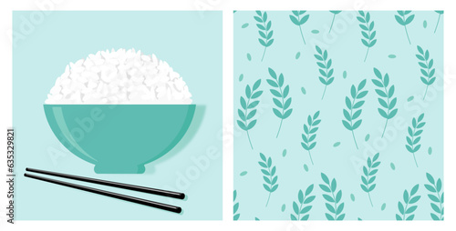 Rice bowl with chopsticks icon sign. Seamless pattern with rice plant on green mint background vector illustration.