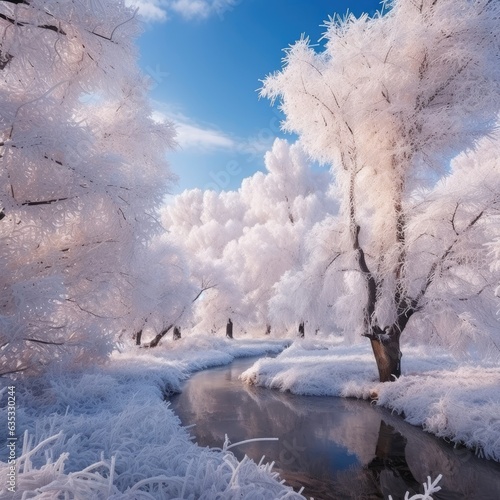 Cold and snowy, with frost-covered trees. © HandmadePictures