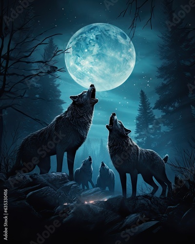 Wolves howl under the full moonlit sky.