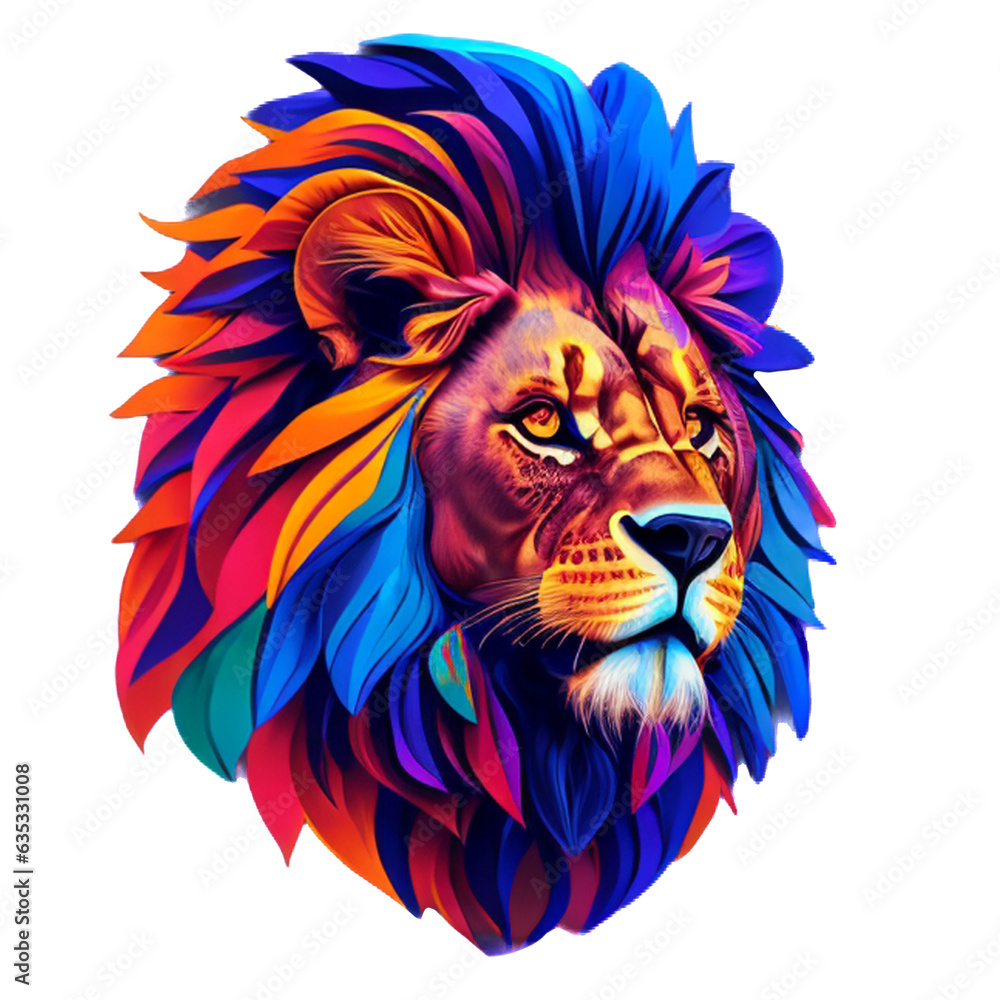 Colorful lion head set against a pristine white background showcases the regal and powerful presence of this magnificent creature with its striking blend of vibrant hues, AI generative.