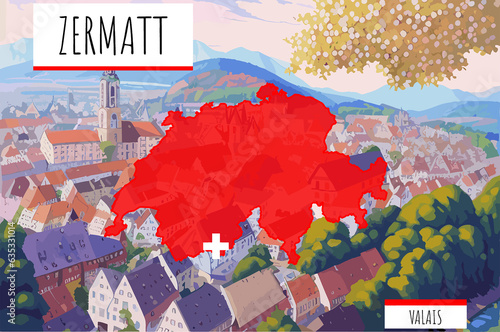 Zermatt on a Swiss map with a scene in Switzerland photo