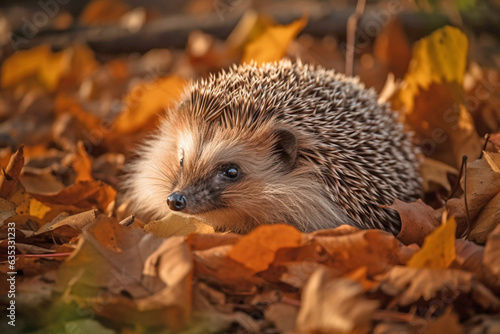 Hedgehog in forest with colorful autumn leaves