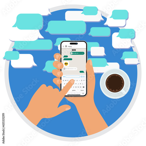 Hand holds the smartphone with messenger application. Instant communication with Smartphone Chat, Smart phone Messenger App for Instant Dialogue. Mockup with cartoon hand and smart-phone. Vector.