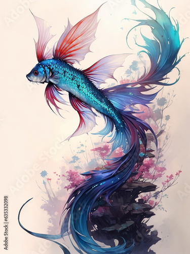 Vertical illustration a mesmerizing fantasy blue fish emerges, captivating the imagination with its ethereal beauty and intricate details. © DSM