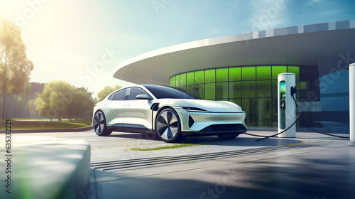 Electric car being charged at a solar-powered charging station. Modern charging station, eco-friendly, highlighting the synergy between solar energy and electric vehicles.Banner. Generative Ai. © Nataliia