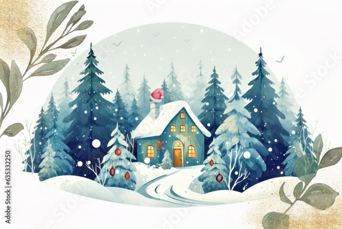 Scandinavian Christmas forest and cute house