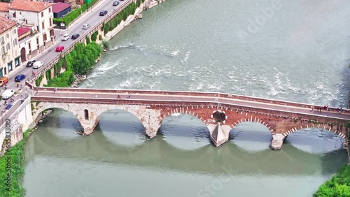 Arch bridge Ponte Pietra Adige river Verona Italy aerial photo