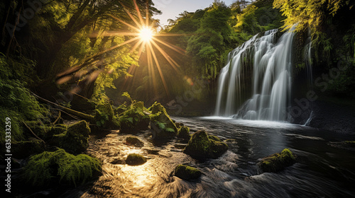 The serene beauty of a cascading waterfall surrounded by lush greenery  using a wide-angle lens at sunrise to create a tranquil and immersive image that transports viewers to the heart of nature