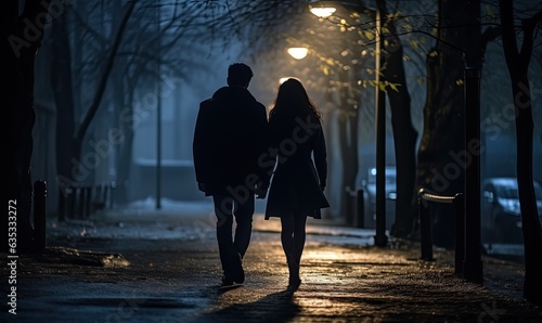 The couple enjoying a romantic walk through the dimly lit streets.