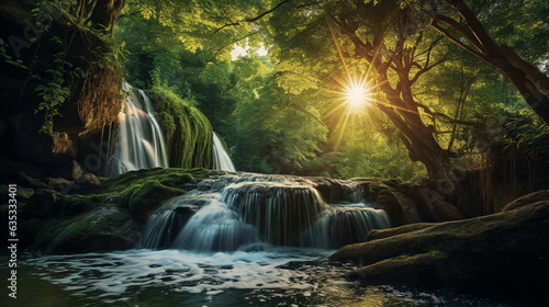 The serene beauty of a cascading waterfall surrounded by lush greenery, using a wide-angle lens at sunrise to create a tranquil and immersive image that transports viewers to the heart of nature