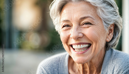 closeup photo portrait of a beautiful elderly senior model woman with grey hair laughing and smiling with clean teeth, generative AI