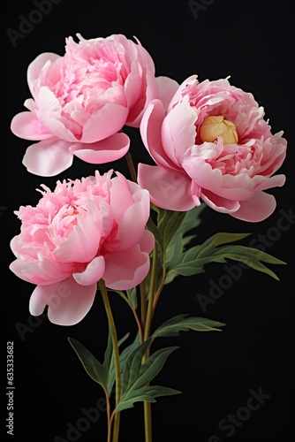 Bunch of pretty pink peonies on black wall background. Generative ai