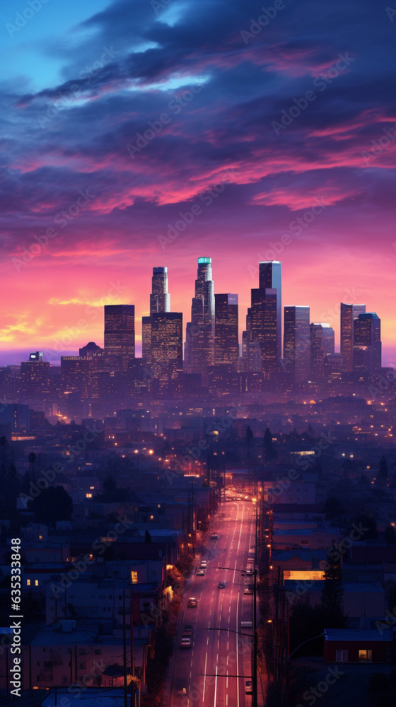 Fototapeta premium Twilight with a citywide panoramic view, combining multiple shots using a wide-angle lens and then stitching them together to showcase the urban lights and the fading colors of the setting sun