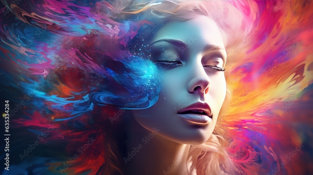 beautiful fantasy abstract portrait of a beautiful woman double exposure with a colorful digital paint splash or space nebula Generative AI