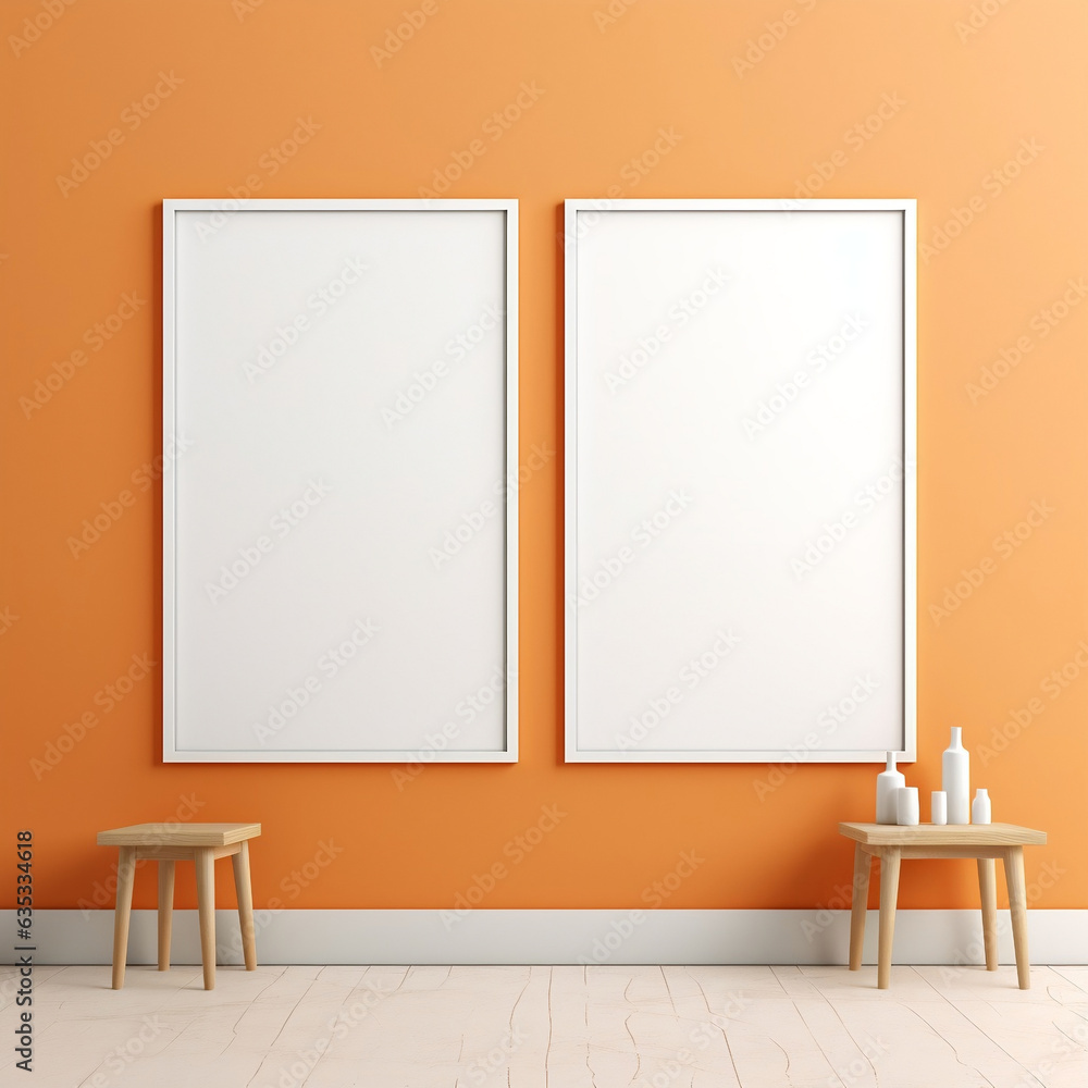 2 frames mockup on blank canvas flat on wall. 2 frames mockup on blank canvas flat on wall.