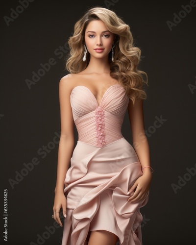 Barbie on a darker background, an attractive blonde with blue eyes wears a pink elegante dresses, the woman is wearing a light pink wedding dress