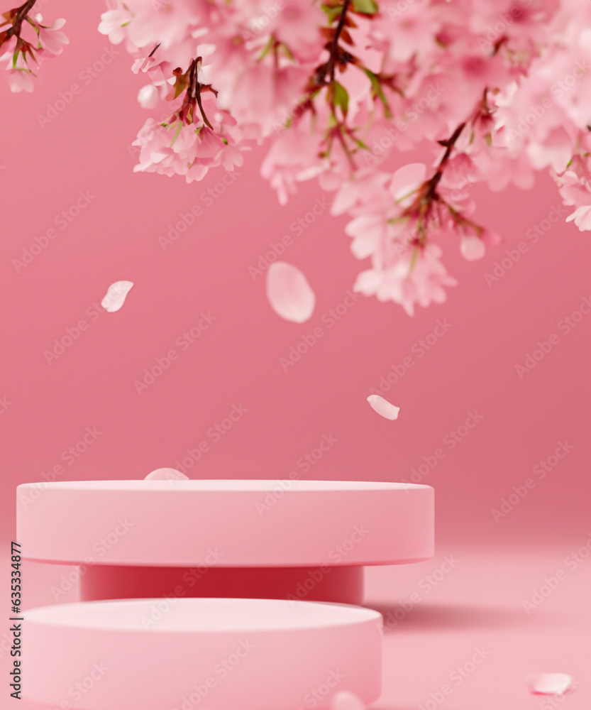 pink podium display. Sakura pink flower falling. Cosmetic or beauty product promotion step floral, pastel pedestal. Abstract minimal advertise. pink podium display. Sakura pink flower falling. Cosmetic or beauty product promotion step floral, pastel pedestal. Abstract minimal advertise.