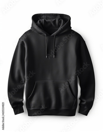 Black pullover hoodie front view isolated on white background.