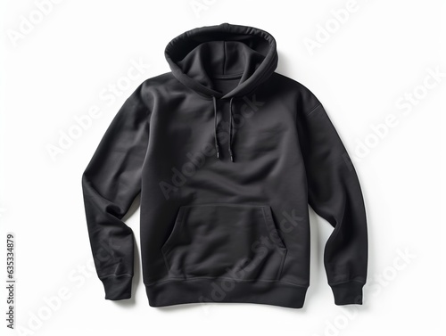 Black pullover hoodie front view isolated on white background.
