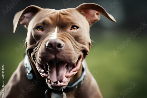 Portrait of aggressive Pitbull dog in outdoor background